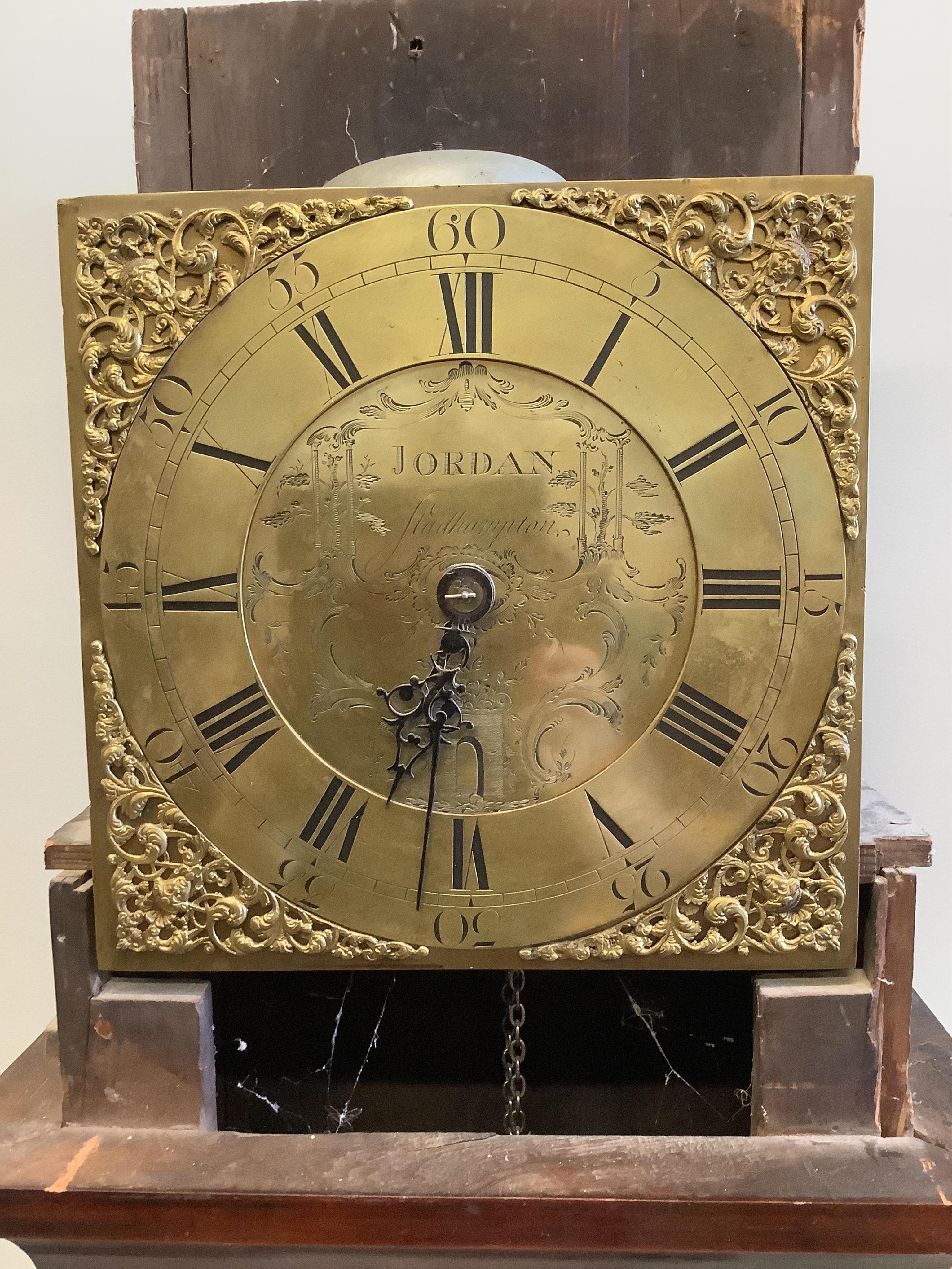 An 18th century mahogany thirty hour longcase clock, the 10.5in. brass dial marked Jordan Stadhampton, height 194cm. Condition - fair